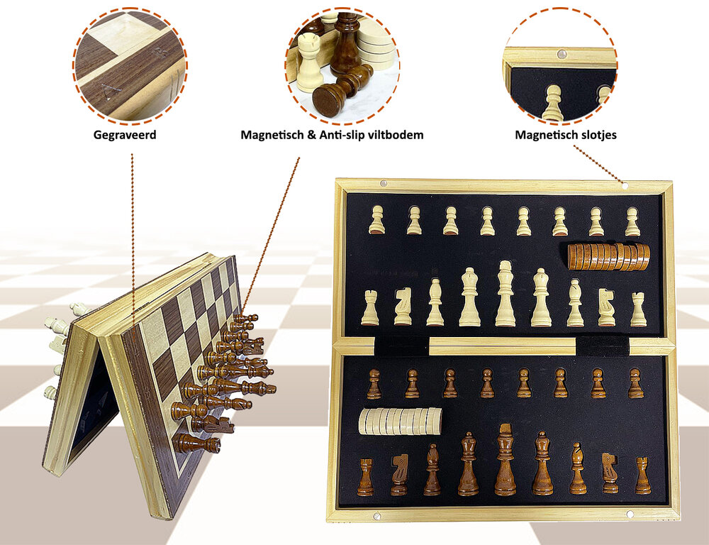 Wooden Chess Checkers set -  Luxe Magnetische 2-in-1 Schaak- en Dambord - Eikenhout - inklapbaar schaakbord