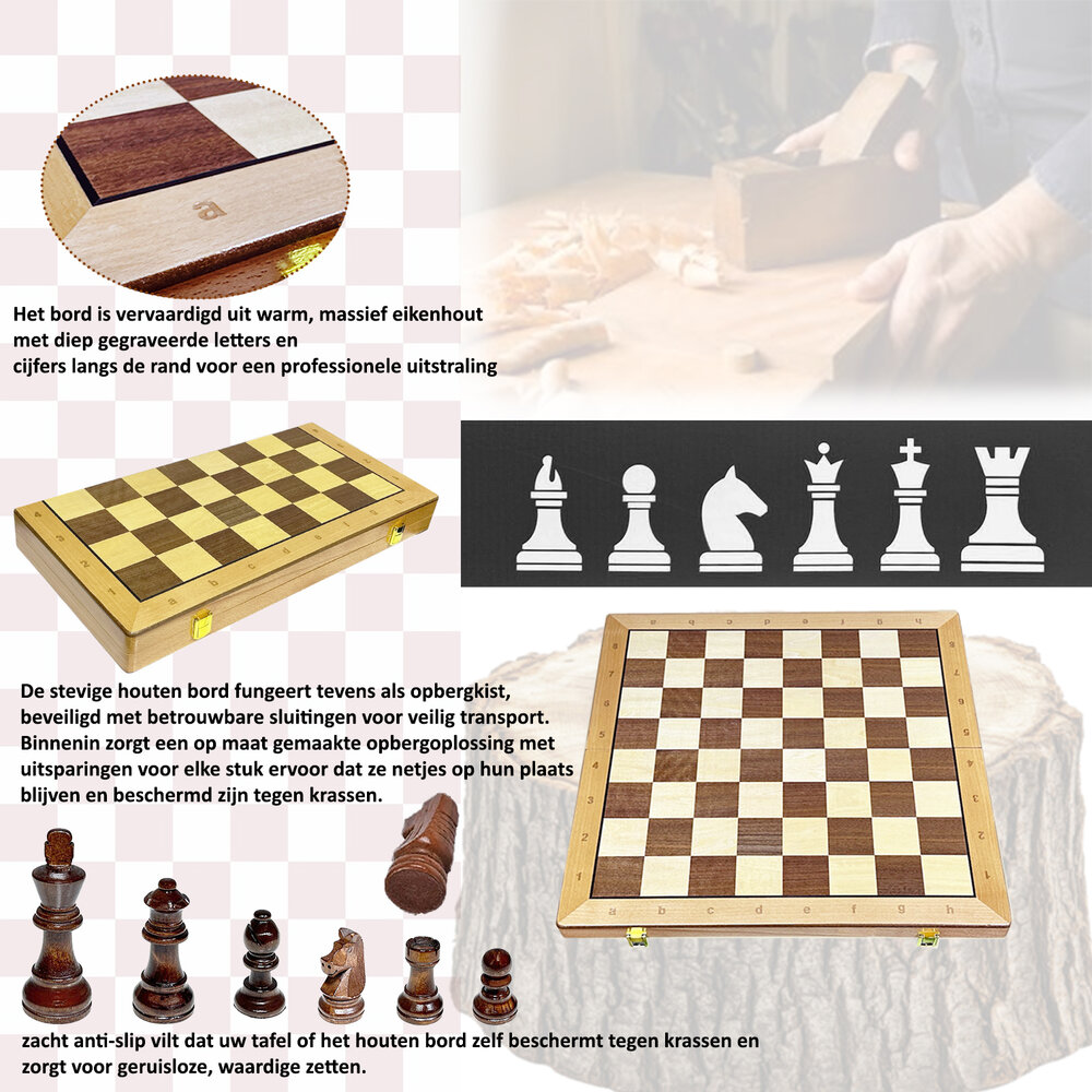 Houten Chess &amp; Dammen 2-in-1 - 52x52 cm - schaak set 