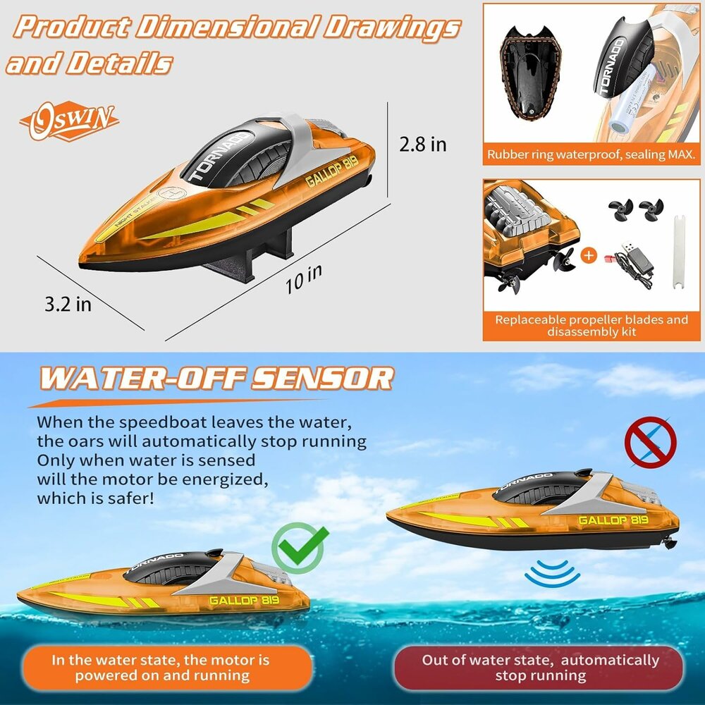 Gallop RC Speedboat &ndash; LED Lighting, High Speed ​​- 2.4GHZ Tornado boat Orange