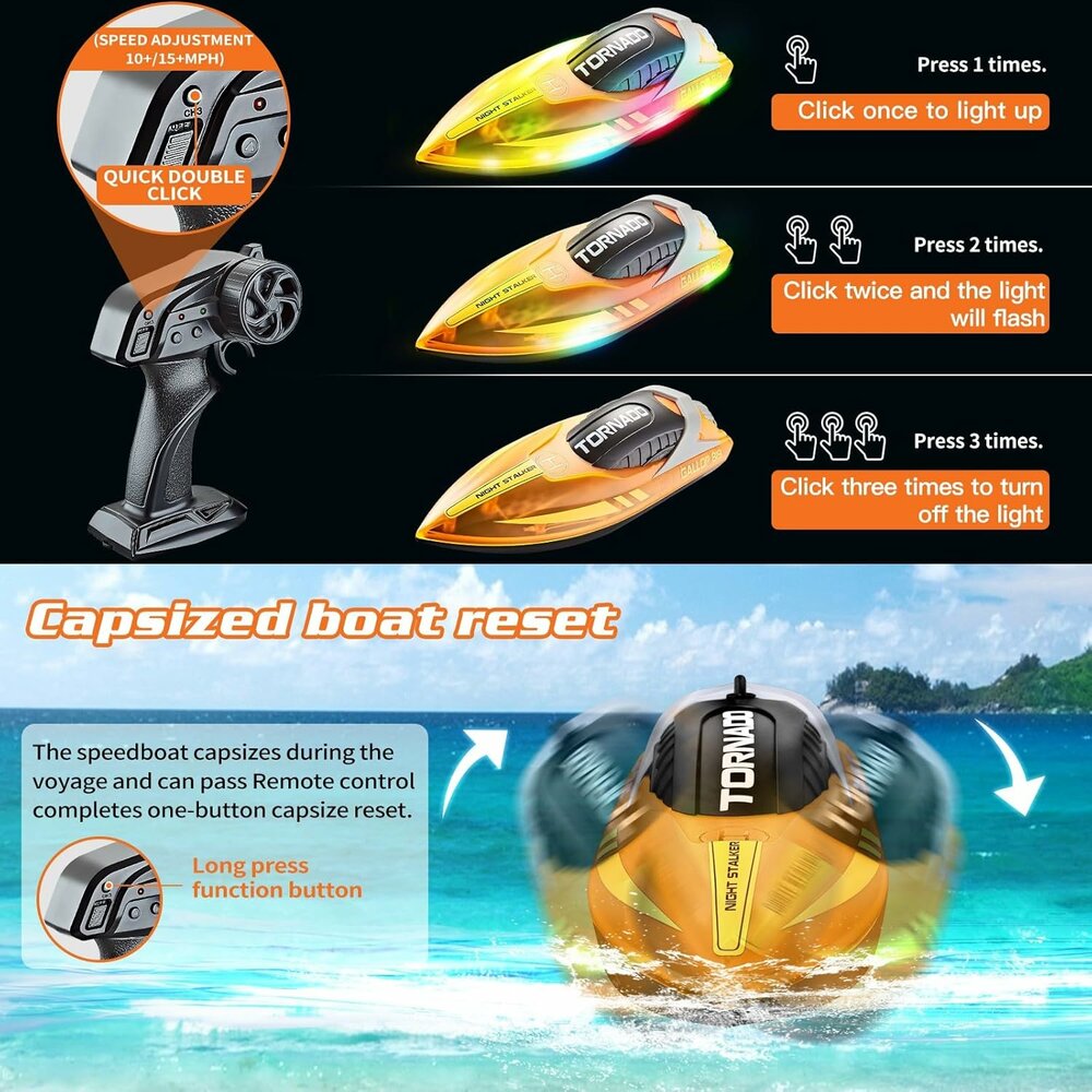 Gallop RC Speedboat &ndash; LED Lighting, High Speed ​​- 2.4GHZ Tornado boat Orange