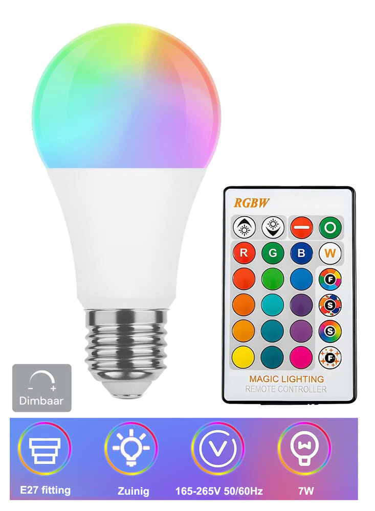 RGBW LED Kleurveranderende Lamp &ndash; E27 &ndash; 7W &ndash; met Afstandsbediening