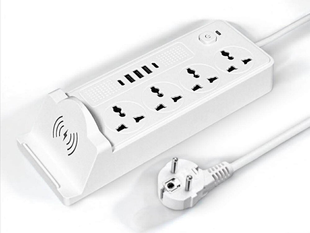 Universeel stekkerdoos met 4 stopcontacten en 3 USB-ingangen - 2 USB-C 20W + draadloze oplader voor mobiele apparaten