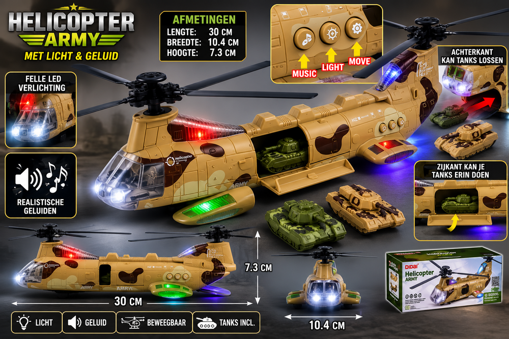 Chinook Leger Speelgoedhelikopter &ndash; met 3 Tanks - Light en geluid - bewegende rotors en kan rijden