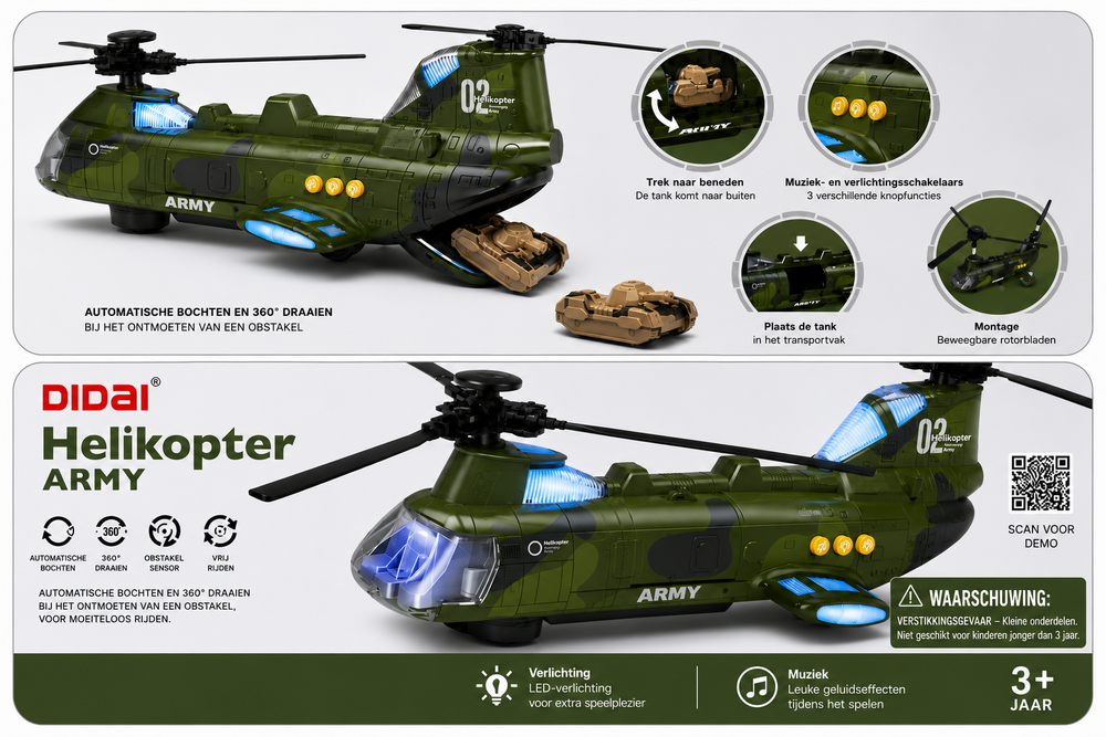 Chinook Army Speelgoedhelikopter &ndash; incl. 3 Tanks - Licht en geluid - bewegende rotors en kan rijden