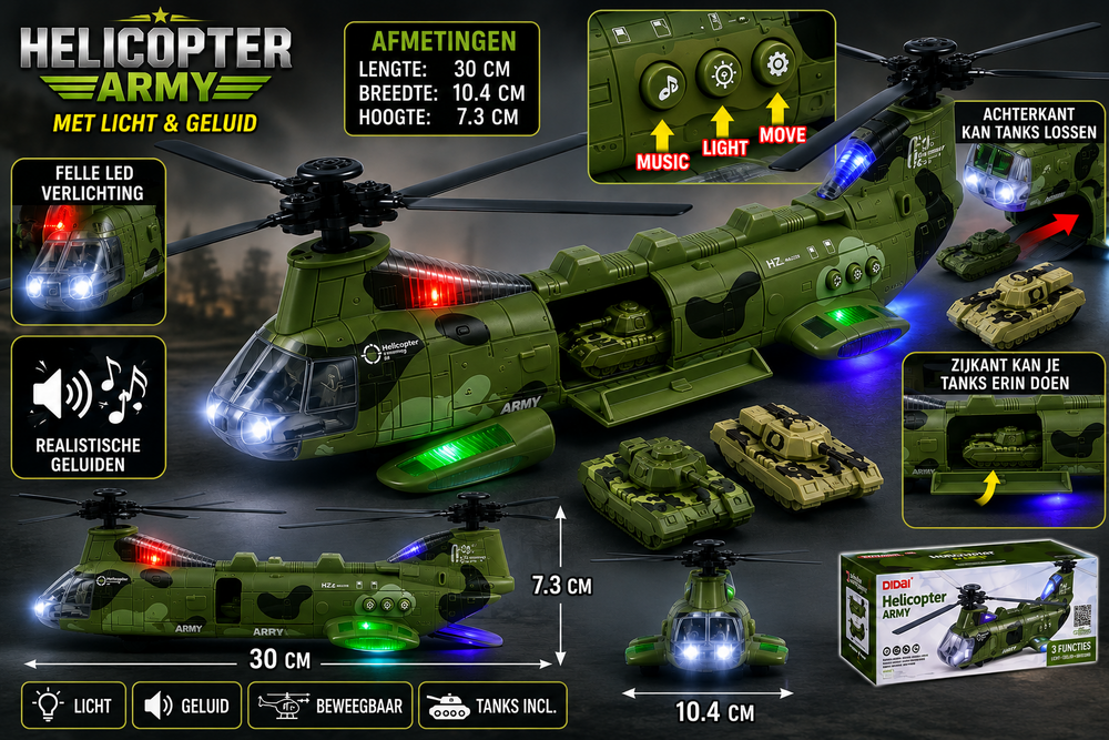 Chinook Army Speelgoedhelikopter &ndash; incl. 3 Tanks - Licht en geluid - bewegende rotors en kan rijden