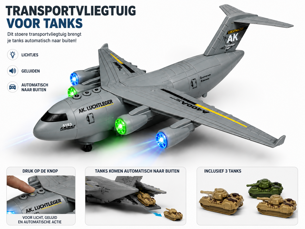 DIDAI Transport vliegtuig met 3 tanks - licht - geluiden - rijden 36CM