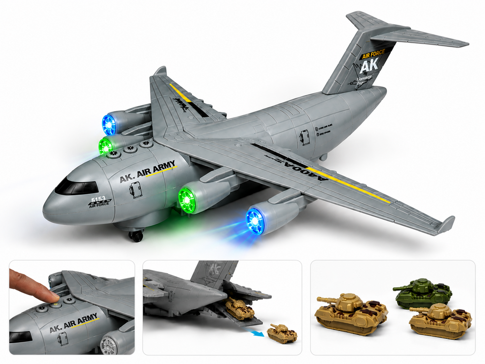 DIDAI Transport vliegtuig met 3 tanks - licht - geluiden - rijden 36CM