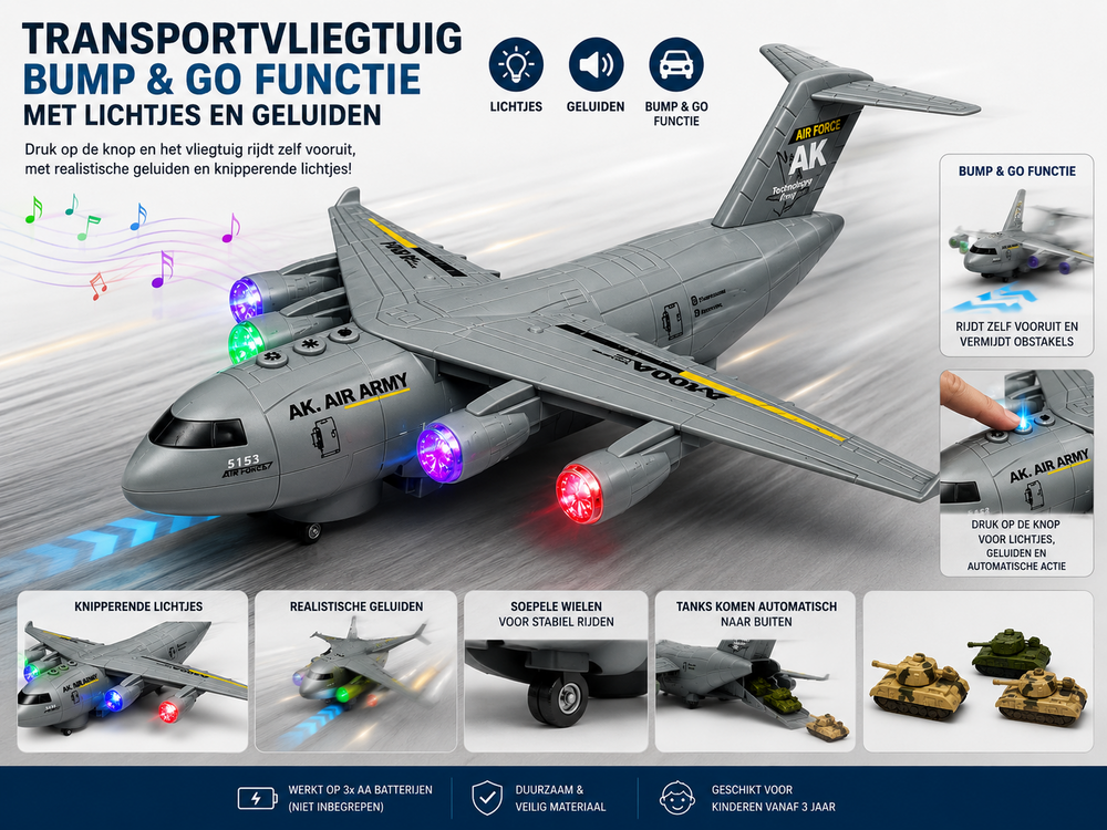 DIDAI Transport vliegtuig met 3 tanks - licht - geluiden - rijden 36CM