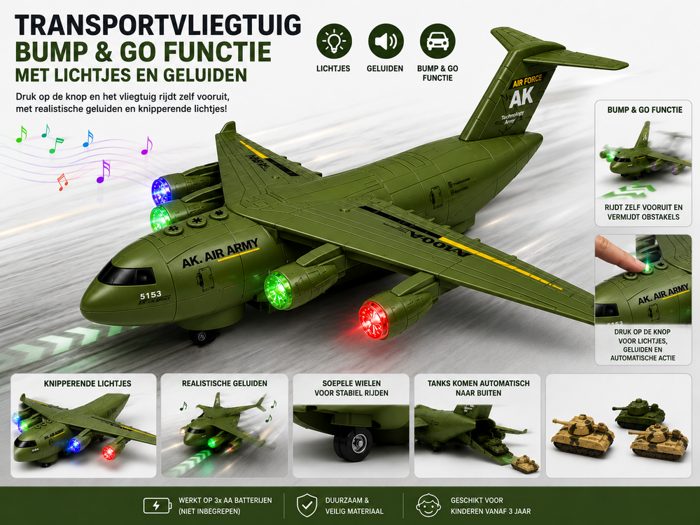 DIDAI Transport vliegtuig met 3 tanks - licht - geluiden - rijden 36CM Army Green