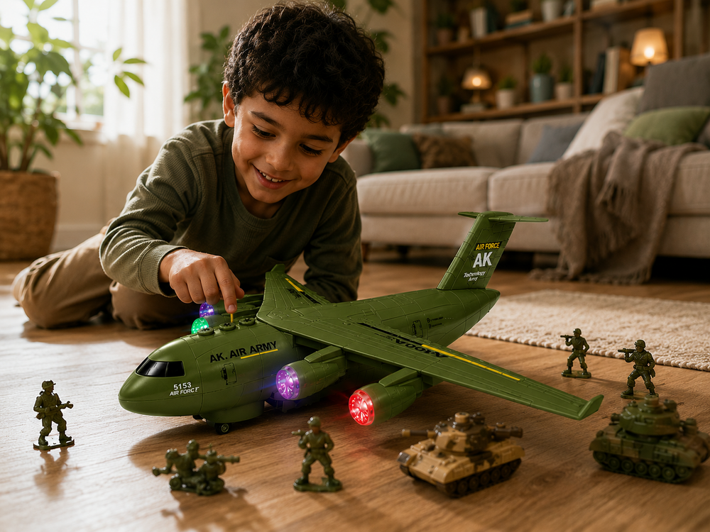 DIDAI Transport vliegtuig met 3 tanks - licht - geluiden - rijden 36CM Army Green