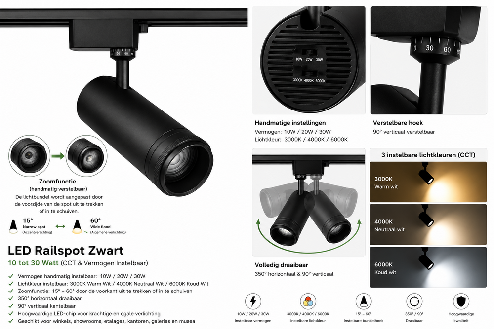 LED Railspot A++ Zwart - 10 tot 30 Watt&nbsp;(CCT, handmatig instelbaar) Lichtkleur: instelbaar naar 3000K, 4000K, 6000K (CCT, handmatig instelbaar)