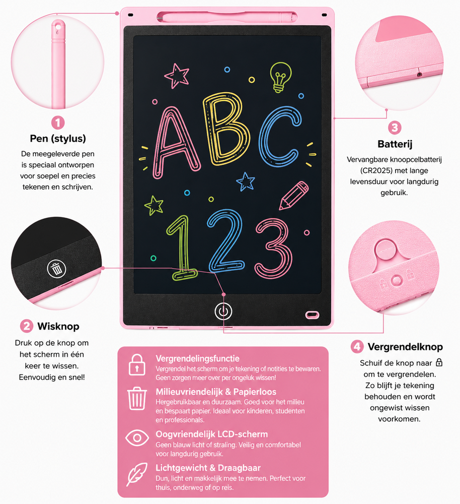 LCD Schrijfbord 10 Inch &ndash; Digitaal Tekenbord voor Kinderen met Stylus en incl. batterij - Tekentablet - Roze