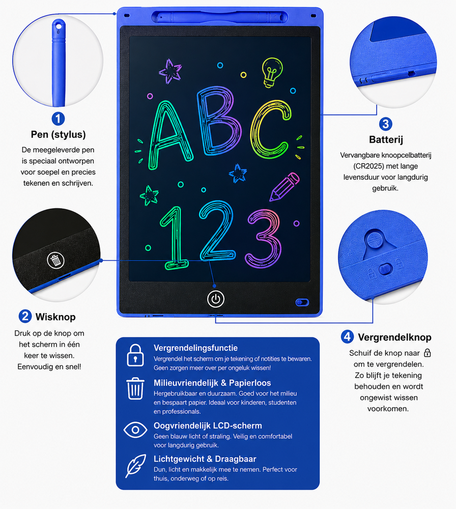 LCD Schrijfbord 10 Inch &ndash; Digitaal Tekenbord voor Kinderen met Stylus en incl. batterij - Tekentablet - Donker blauw