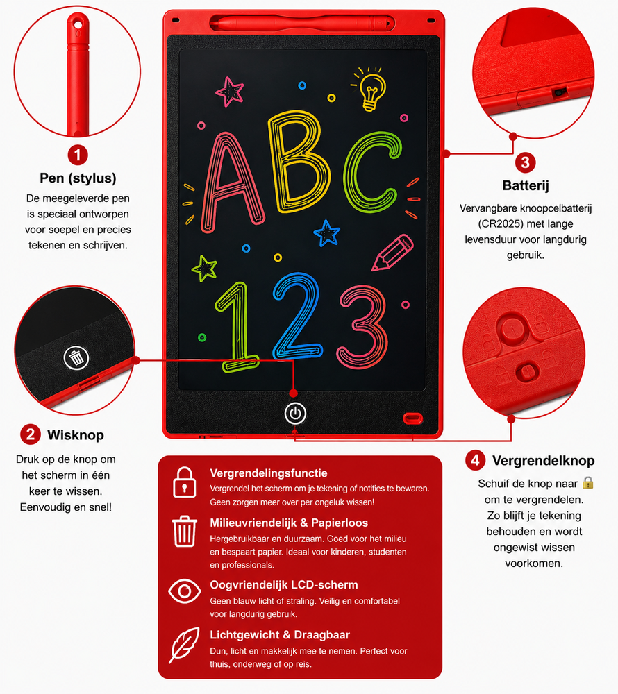 LCD Schrijfbord 10 Inch &ndash; Digitaal Tekenbord voor Kinderen met Stylus - incl. batterij - Herbruikbare Tekentablet - Rood
