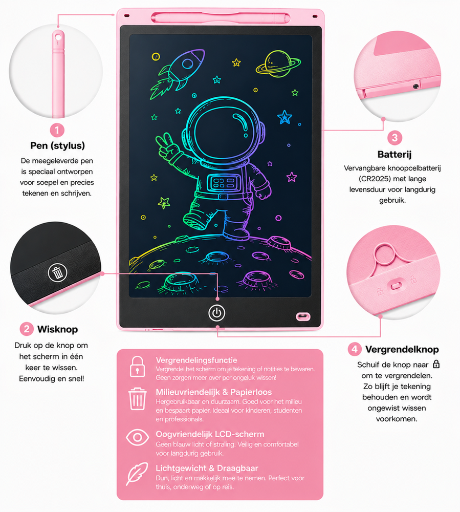 LCD Schrijfbord 12 Inch &ndash; Digitaal Tekenbord voor Kinderen met Stylus en incl. batterij - Tekentablet - Roze