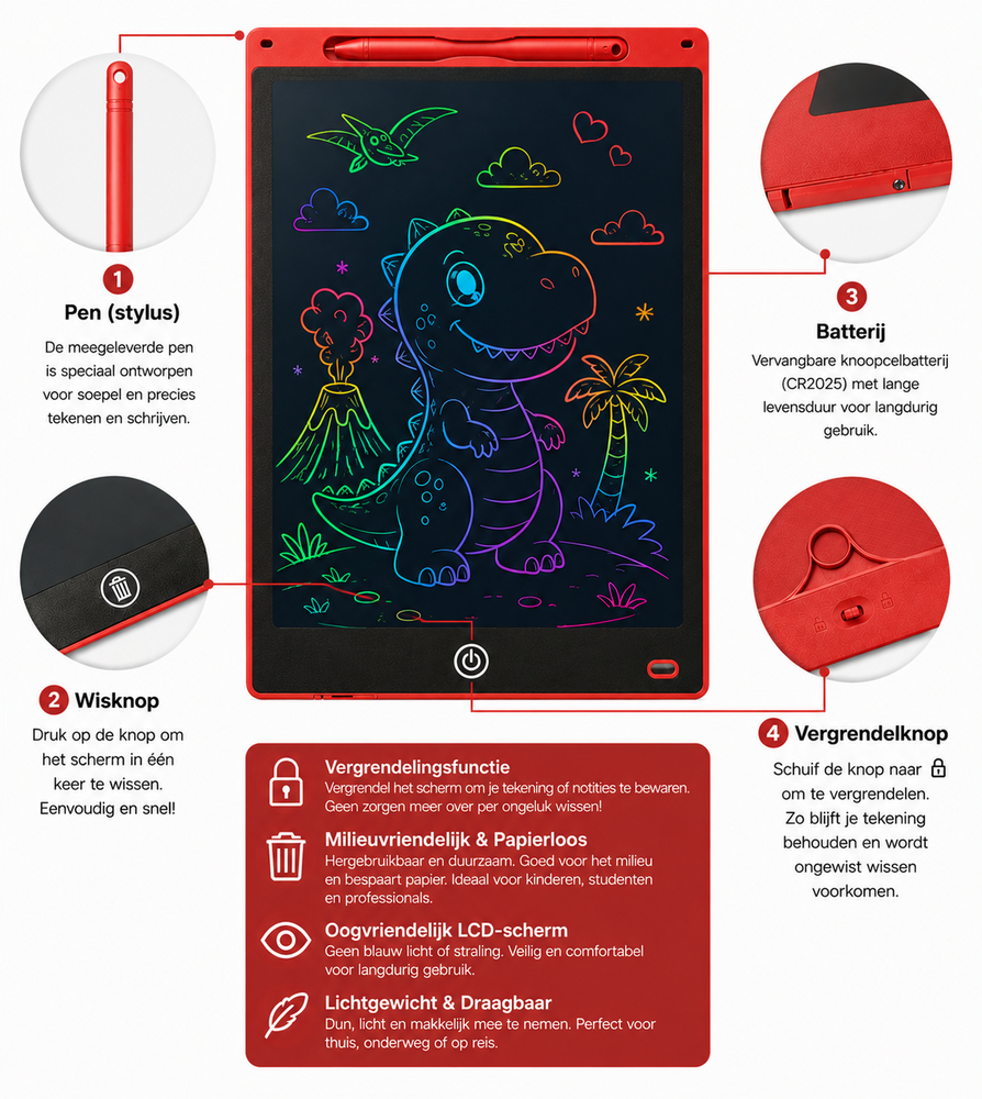 LCD Schrijfbord 12 Inch &ndash; Digitaal Tekenbord voor Kinderen met Stylus en incl. batterij - Tekentablet - Rood