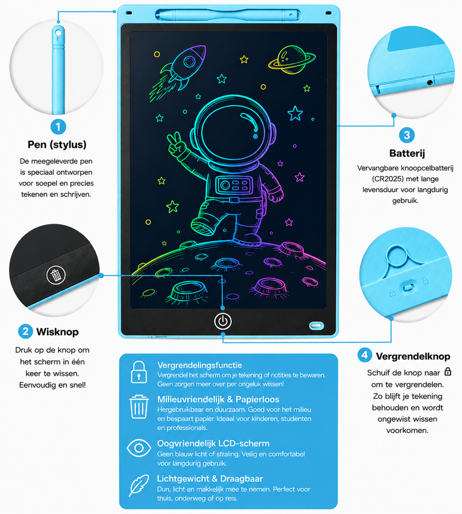 LCD Schrijfbord 12 Inch &ndash; Digitaal Tekenbord voor Kinderen met Stylus en incl. batterij - Tekentablet - licht blauw