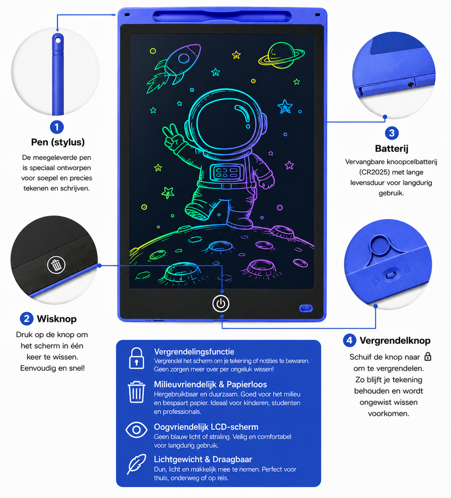 LCD Schrijfbord 12 Inch &ndash; Digitaal Tekenbord voor Kinderen met Stylus en incl. batterij - Tekentablet - Donker blauw
