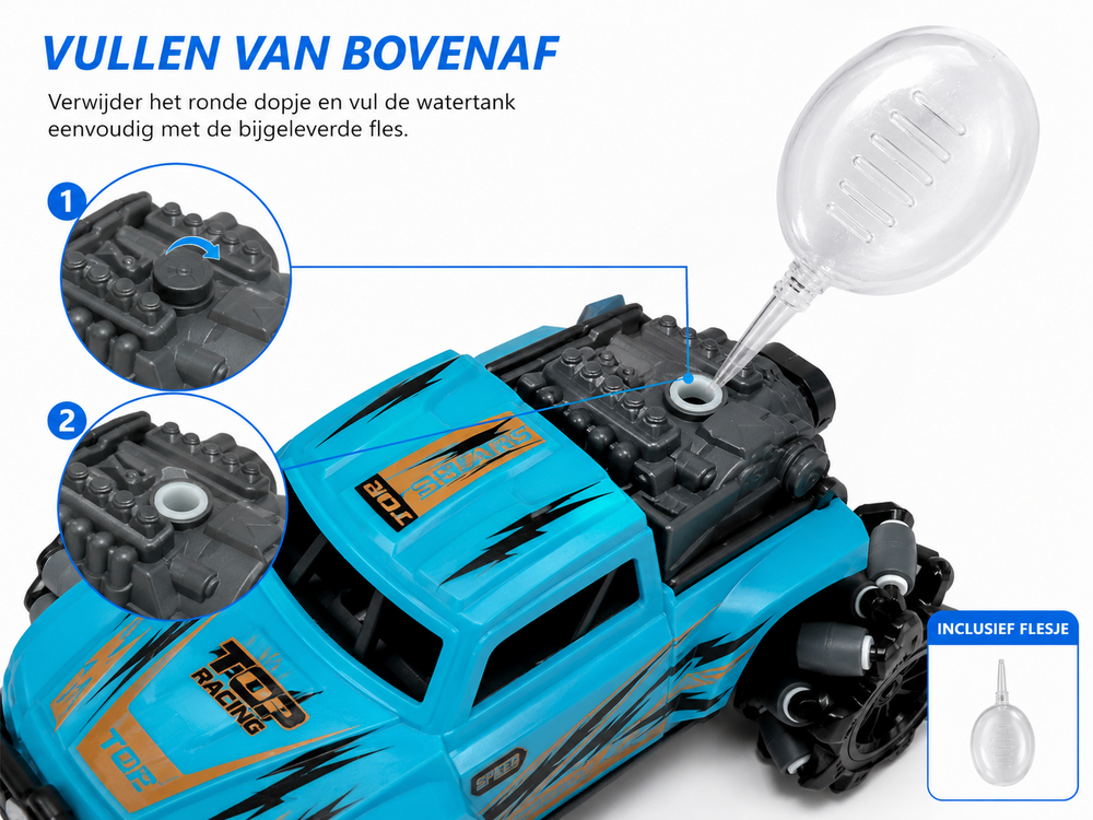 RC Stunt Spray Auto 6 Kanaals 4WD &ndash; Drift, Zijwaarts Rijden, LED Verlichting &amp; Mist Effect