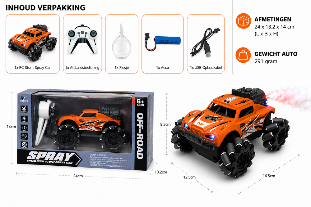 RC Stunt Spray Car 6 Channel 4WD &ndash; Drift, Sideways Driving - LED Lighting &amp; Fog Effect