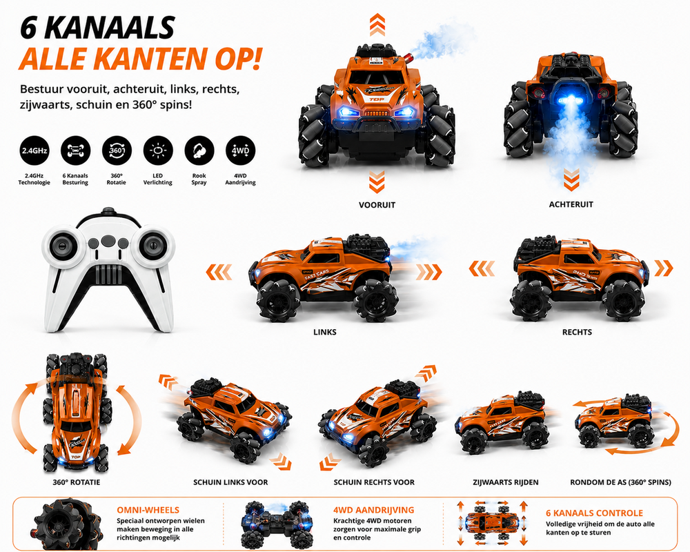 RC Stunt Spray Car 6 Channel 4WD &ndash; Drift, Sideways Driving - LED Lighting &amp; Fog Effect