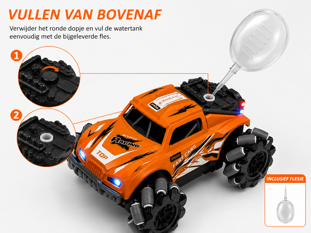 RC Stunt Spray Car 6 Channel 4WD &ndash; Drift, Sideways Driving - LED Lighting &amp; Fog Effect