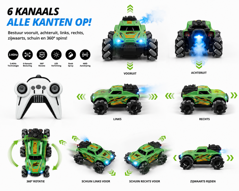 RC Stunt Spray Car 6 Channel 4WD &ndash; Drift, Sideways Driving - LED Lighting &amp; Fog Effect - Green