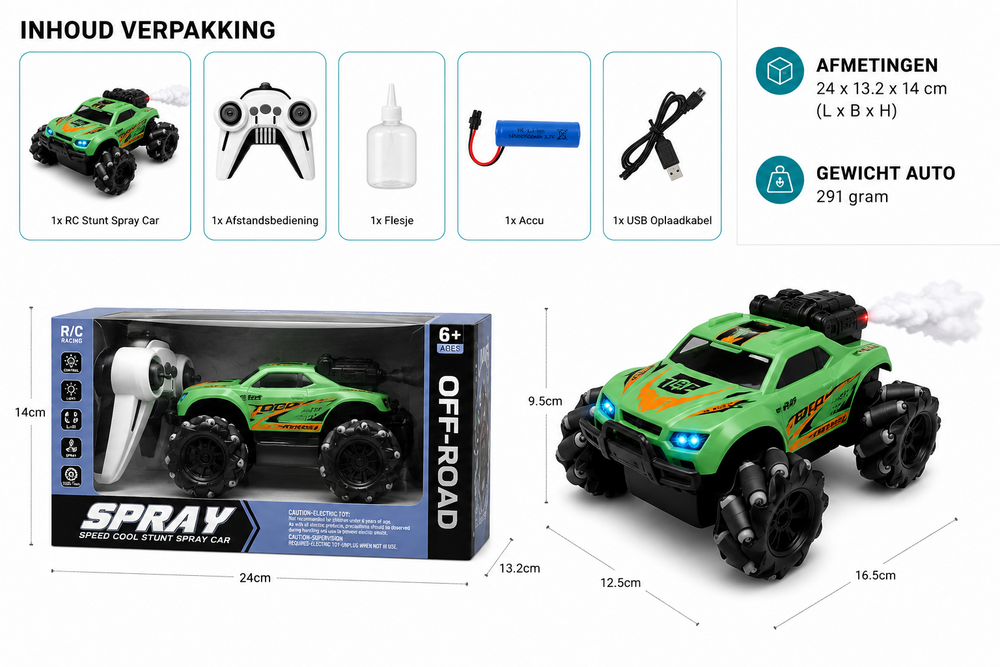RC Stunt Spray Car 6 Channel 4WD &ndash; Drift, Sideways Driving - LED Lighting &amp; Fog Effect - Green