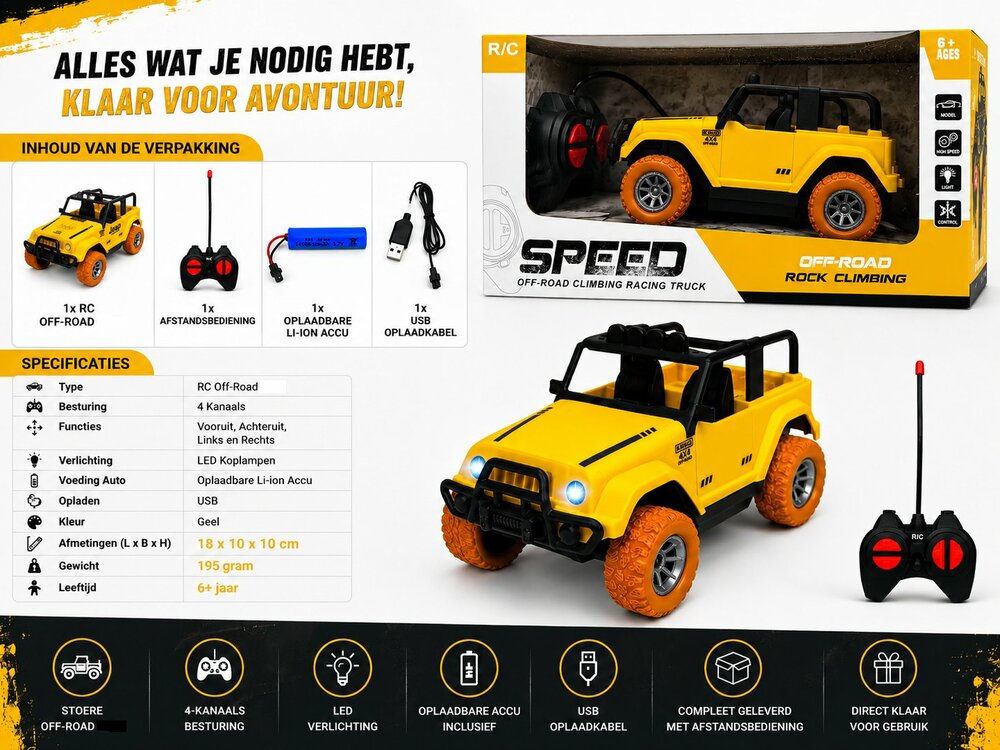 Extreme Sport Car - RC Car - Yellow - Rechargeable Battery + USB Charger