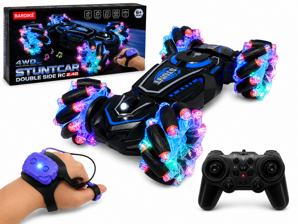 RC Stunt Car with Omni Wheels &ndash; 360&deg; Driving, Sideways Driving, LED Lighting &amp; Clock Control