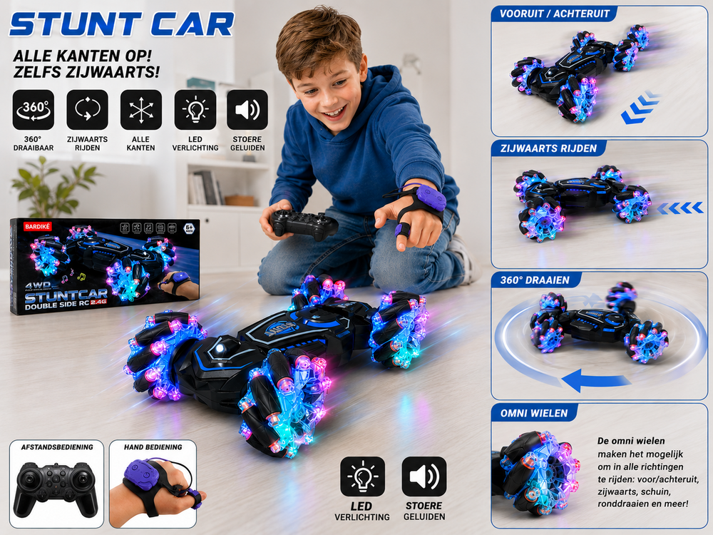 RC Stunt Car with Omni Wheels &ndash; 360&deg; Driving, Sideways Driving, LED Lighting &amp; Clock Control