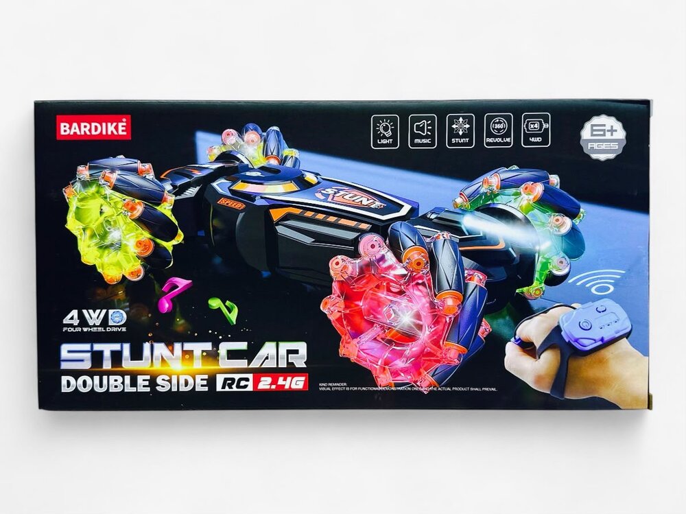RC Stunt Car with Omni Wheels &ndash; 360&deg; Driving, Sideways Driving, LED Lighting &amp; Clock Control