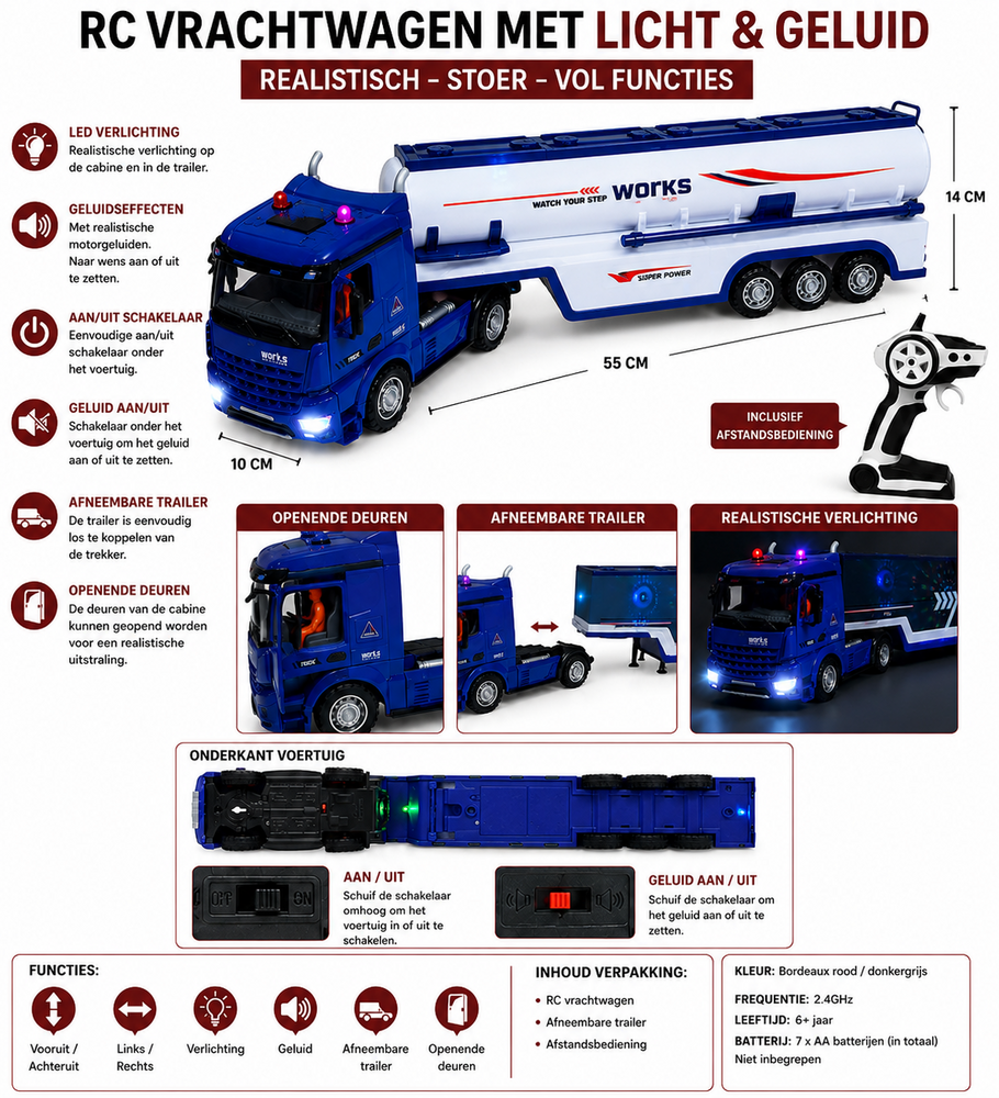 RC Long Vehicle Truck - XXL afstand bestuurbaar Tankwagen met Verlichting, Geluid en Afneembare Tanktrailer &ndash; 55 cm