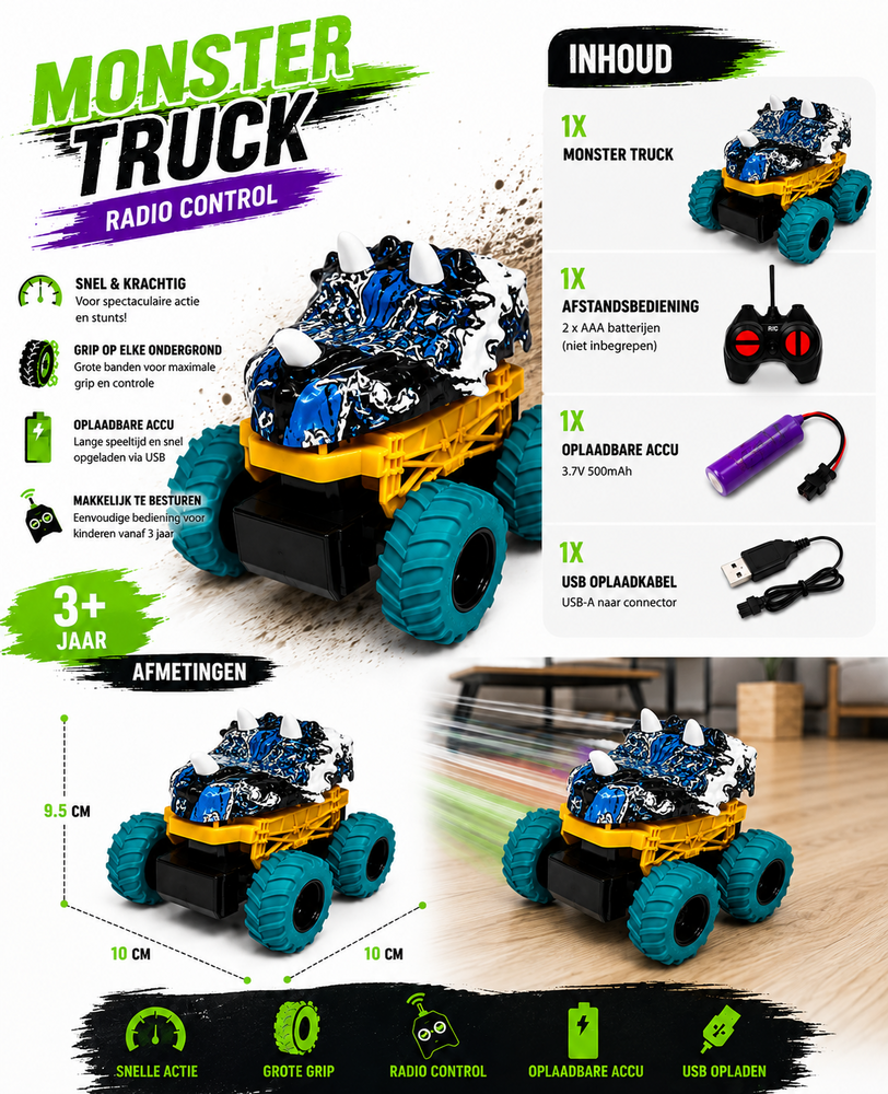 RC Mini Monster Truck - Remote Controlled Race Car - Rechargeable Battery