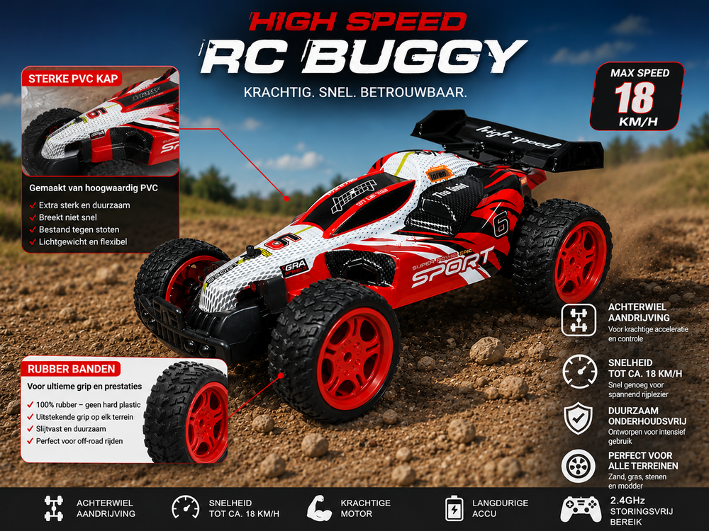 RC Race Buggy - 1:10 - Remote Controlled Sports Car - Rechargeable - Red Racer