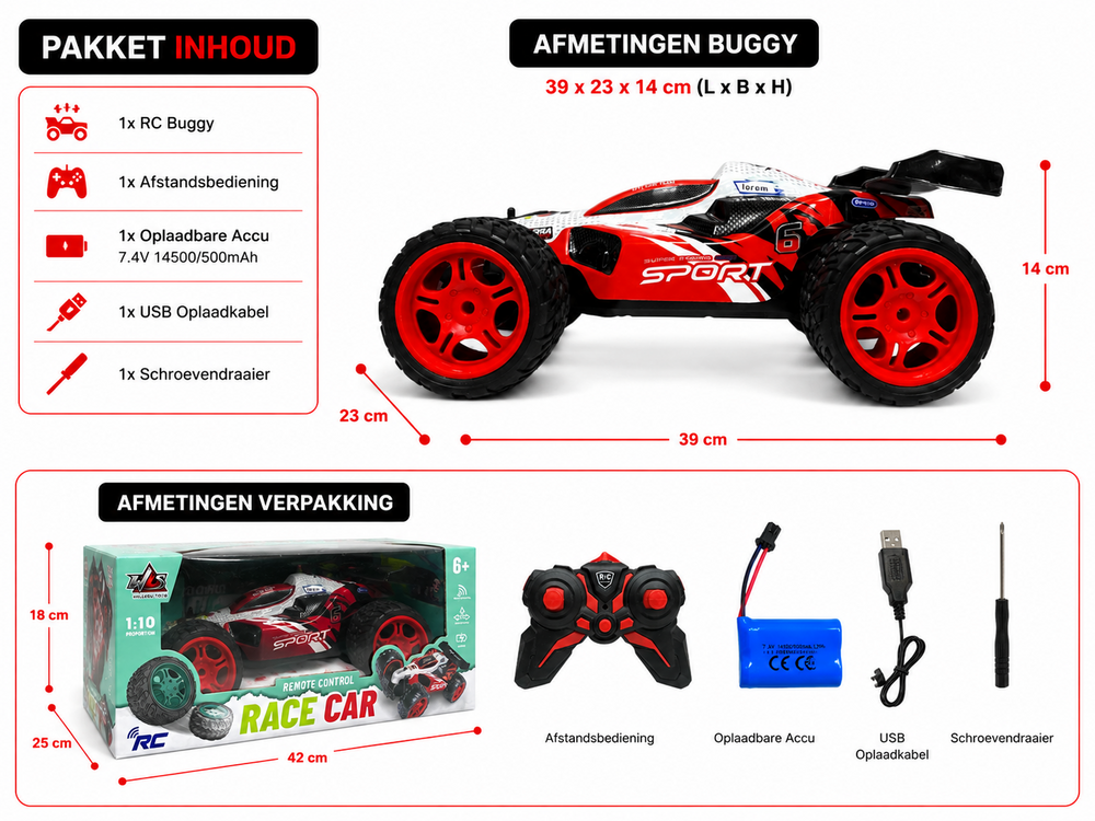 RC Race Buggy - 1:10 - Remote Controlled Sports Car - Rechargeable - Red Racer