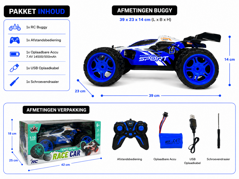 RC Race Buggy - 1:10 - Remote Controlled Sports Car - Rechargeable - Blue Racer