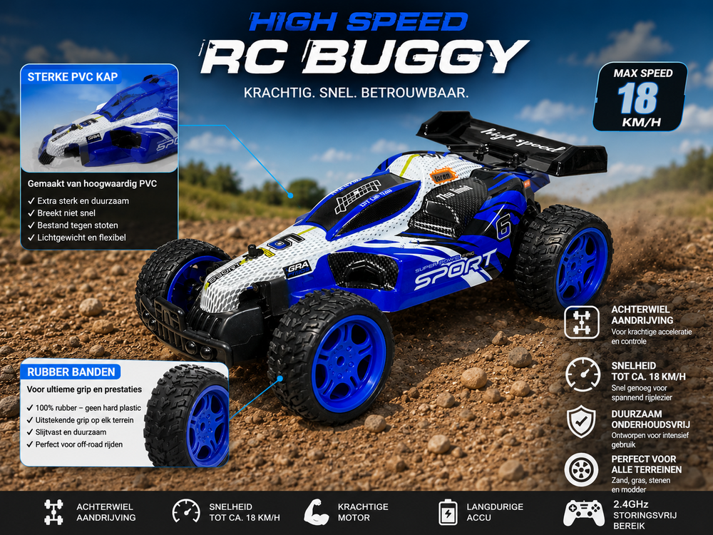 RC Race Buggy - 1:10 - Remote Controlled Sports Car - Rechargeable - Blue Racer