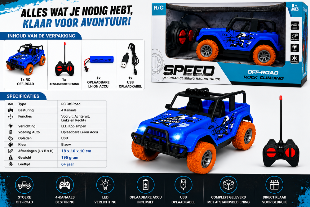 Extreme Sport Car - RC Car - Blue - Rechargeable Battery + USB Charger