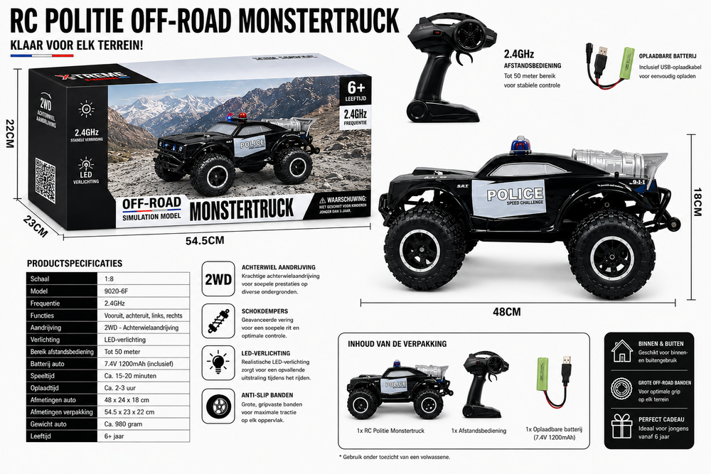 ROCK Crawler - Rc police car - Off-Road - 2.4GHZ - 1:8 - 911 RC Police Car