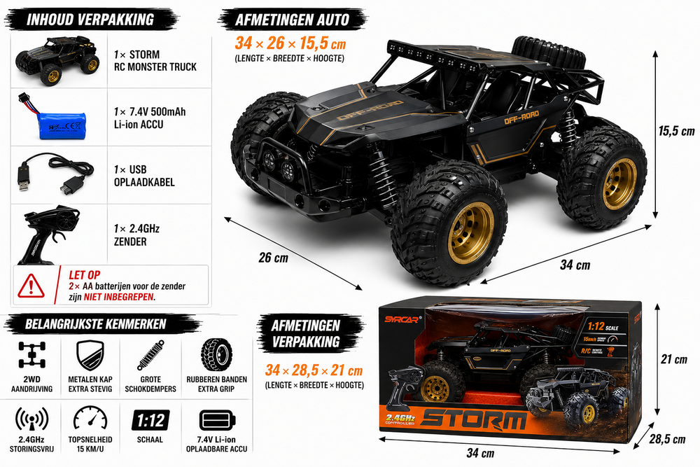 SYRCAR&reg; - Monster Storm Rc Car - 2.4ghz - 15KM/H - Metal Body - 1:12