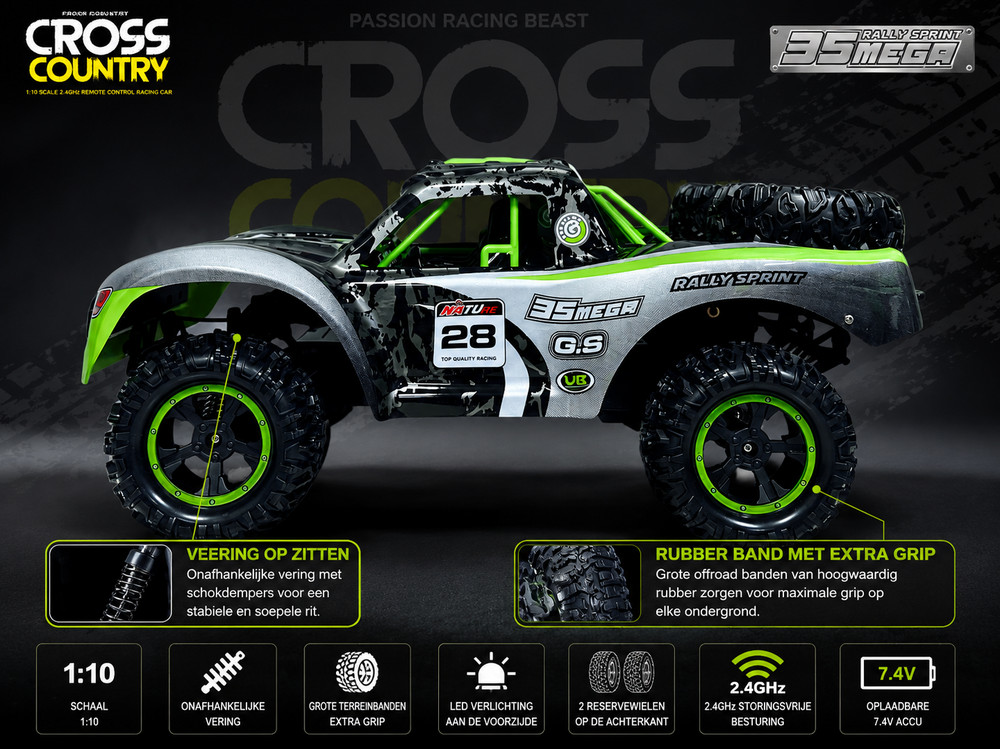 RC Offroad Rally Sprint 35 Mega 1:10 &ndash; 42CM RC Auto  - Extra Reservewielen &amp; 2.4GHz Afstandsbediening
