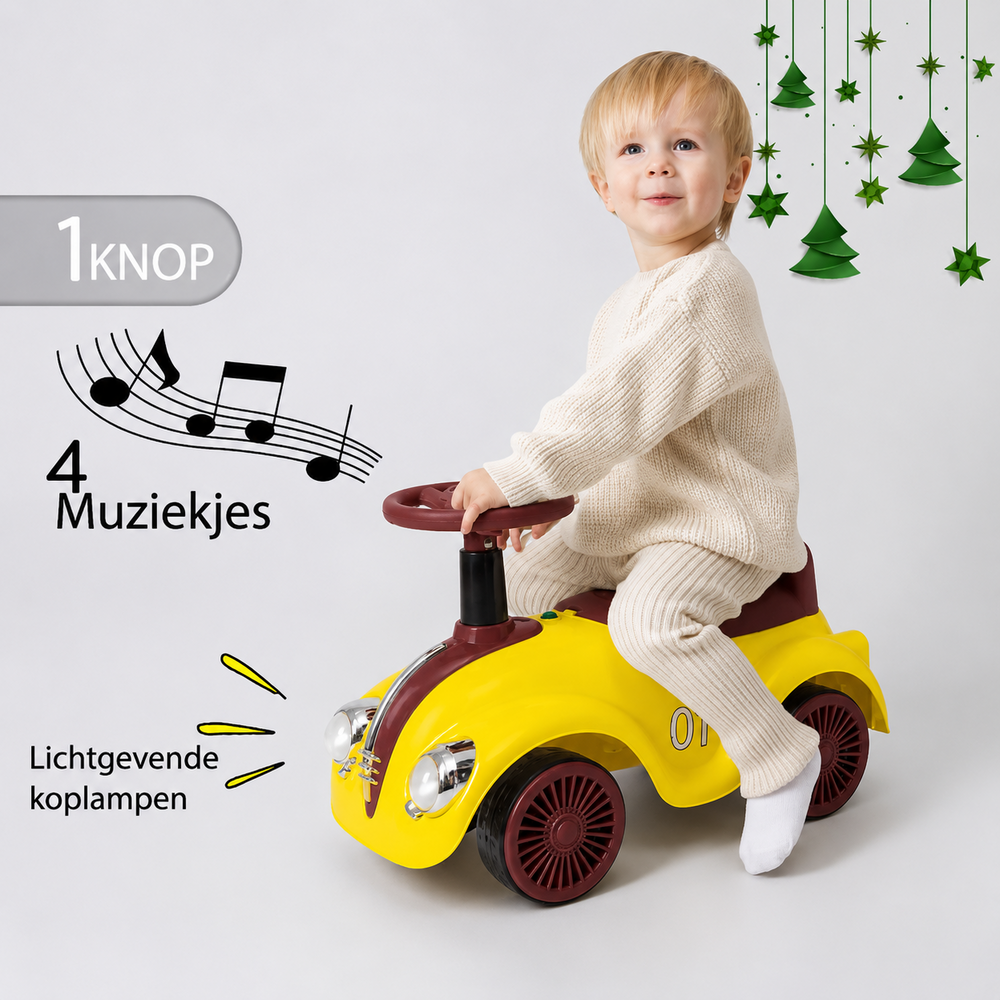 Classic Luxury Retro Car - Loopauto 55CM - Geel - muziek &amp; lichtjes