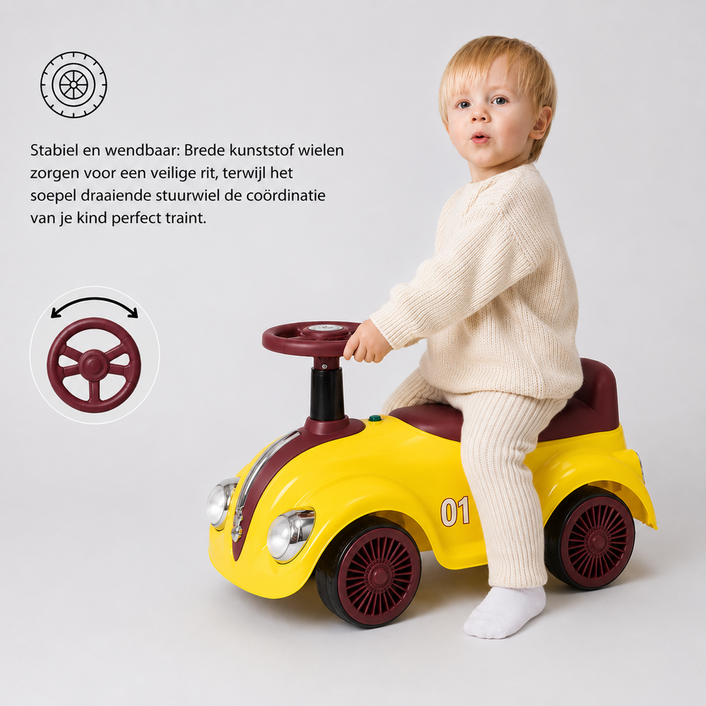 Classic Luxury Retro Car - Loopauto 55CM - Geel - muziek &amp; lichtjes