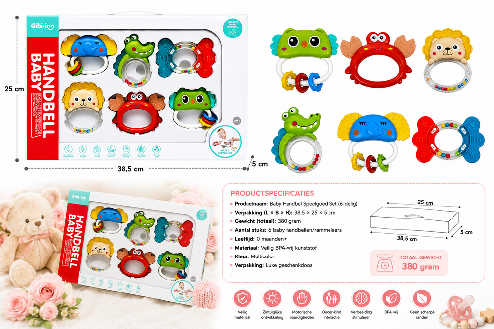 IBI-IRN - Baby Handbel rammelaar bijtring set van 6 stuks