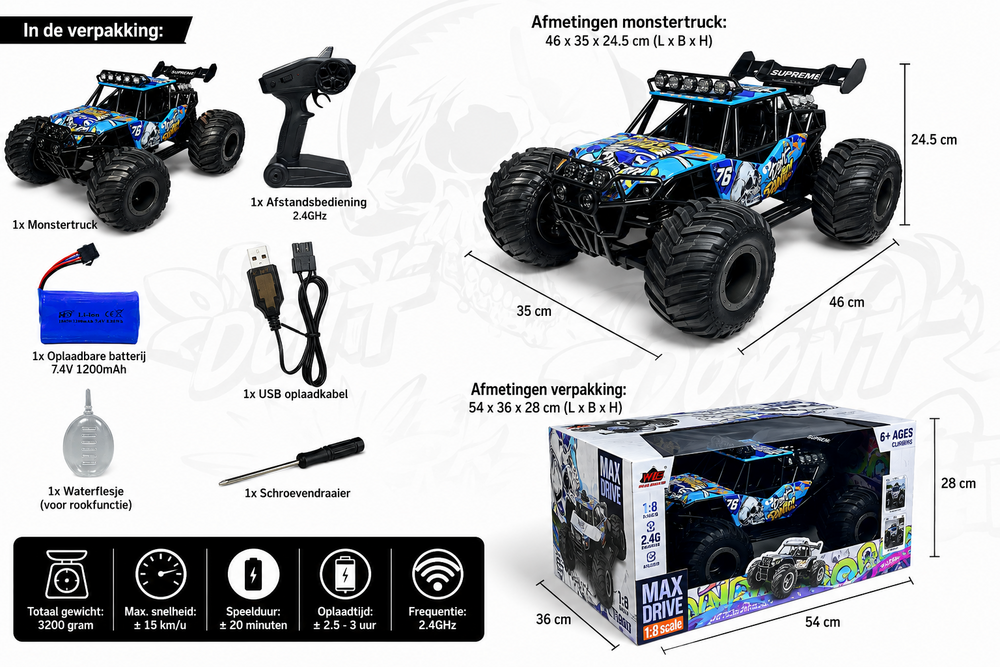 RC Monster Truck 1:8 with LED lighting, smoke machine and 2.4 GHz motor, 46 cm