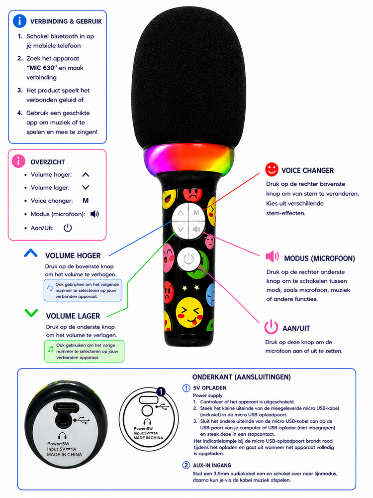 Karaoke Microfoon voor Kinderen met Speaker, LED Verlichting - Bluetooth - Voice Changer &amp; Oplaadbaar