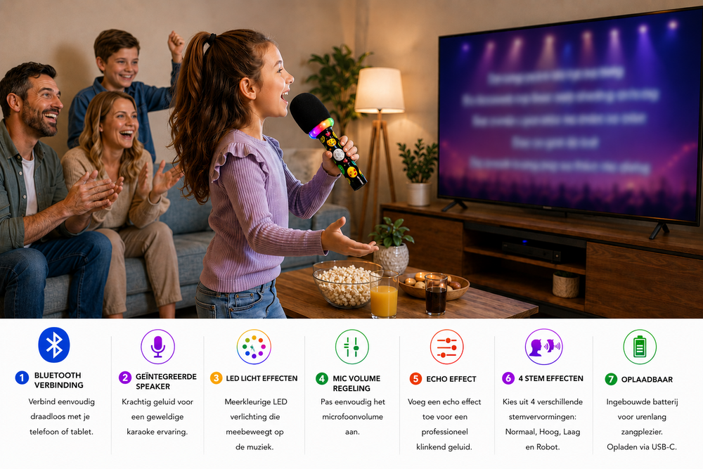 Karaoke Microfoon voor Kinderen met Speaker, LED Verlichting - Bluetooth - Voice Changer &amp; Oplaadbaar