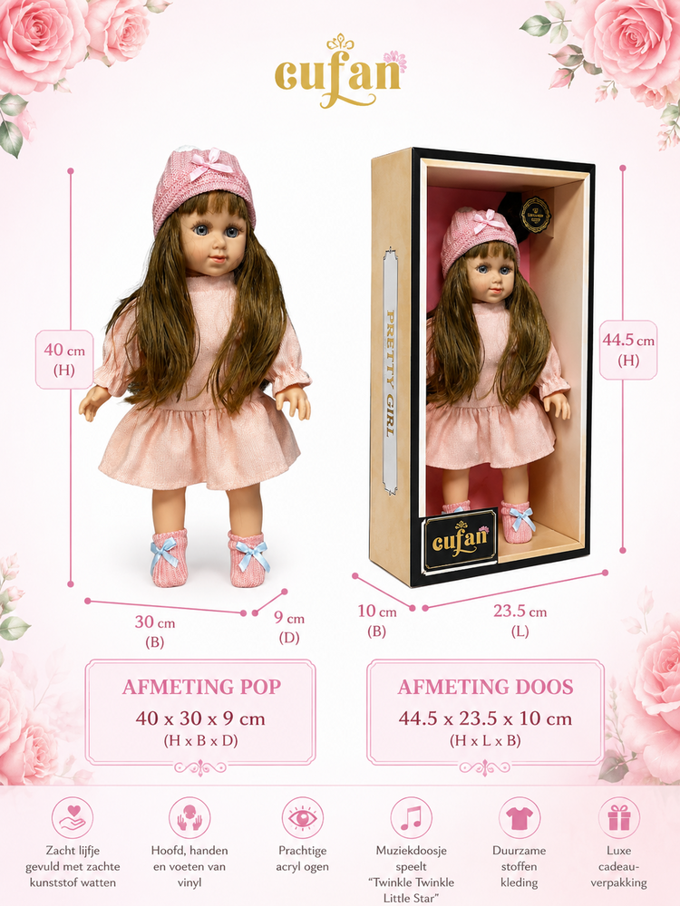 Luxe Babypop 40cm met Geluid, Zachte Stoffen, Vinyl Lichaamsdelen &amp; Accessoires 