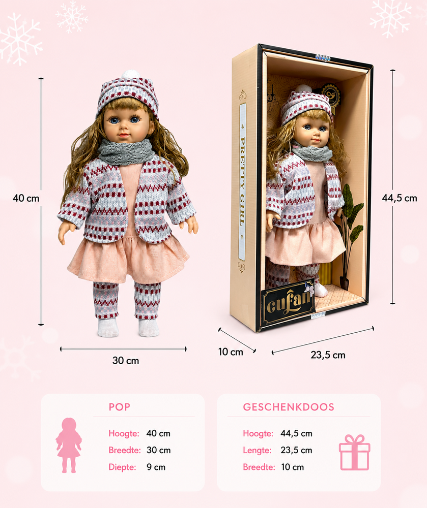 Cufan Knuffelpop 40 cm - Zacht Lijfje &amp; Winterkleding &ndash; Vinyl Pop met Acryl Ogen